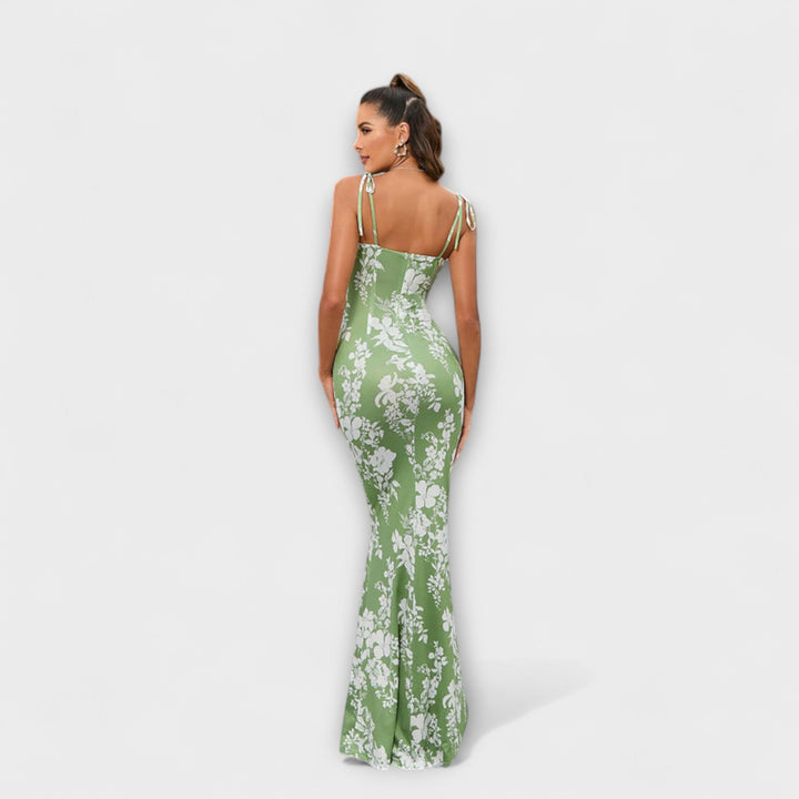 Thalia - Blomsterprintet gallakjole med bundne skulderstropper