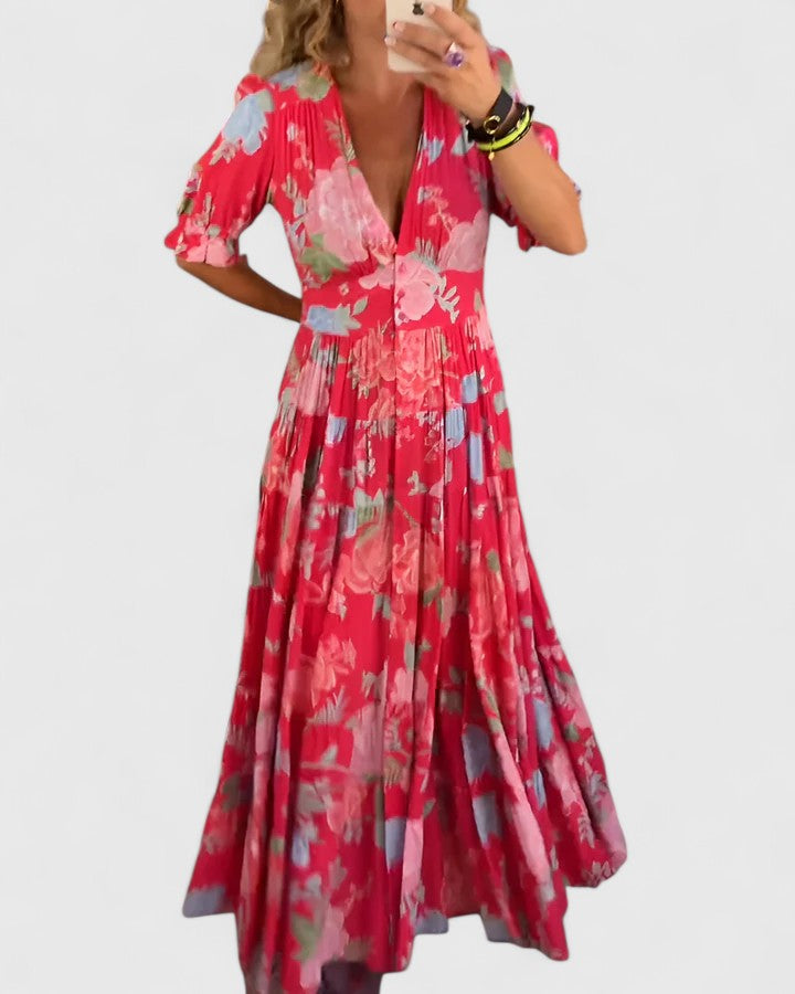 Minelda | Elegant Blomstret V-hals Kjole