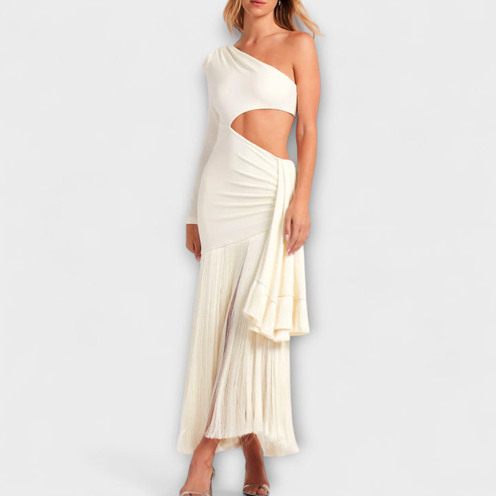 Alice - Vestido Longo com Recortes e Franjas que Chamam Atenção