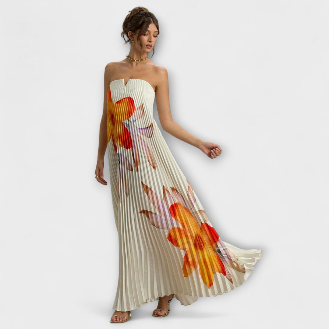 Michelle - Vestido largo con escote corazón y estampado floral naranja