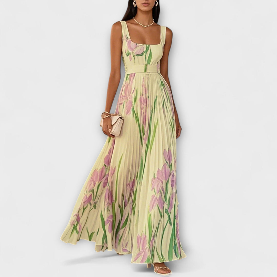 Vestido Maxi de Chiffon Floral Drapeado