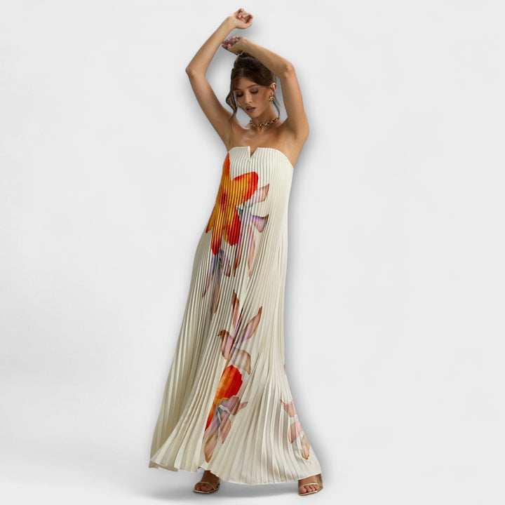 Michelle - Vestido largo con escote corazón y estampado floral naranja
