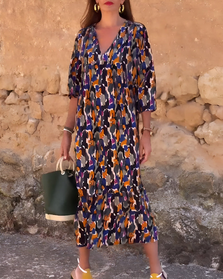 Nathalie | Retro bedrucktes Kleid mit V-Ausschnitt