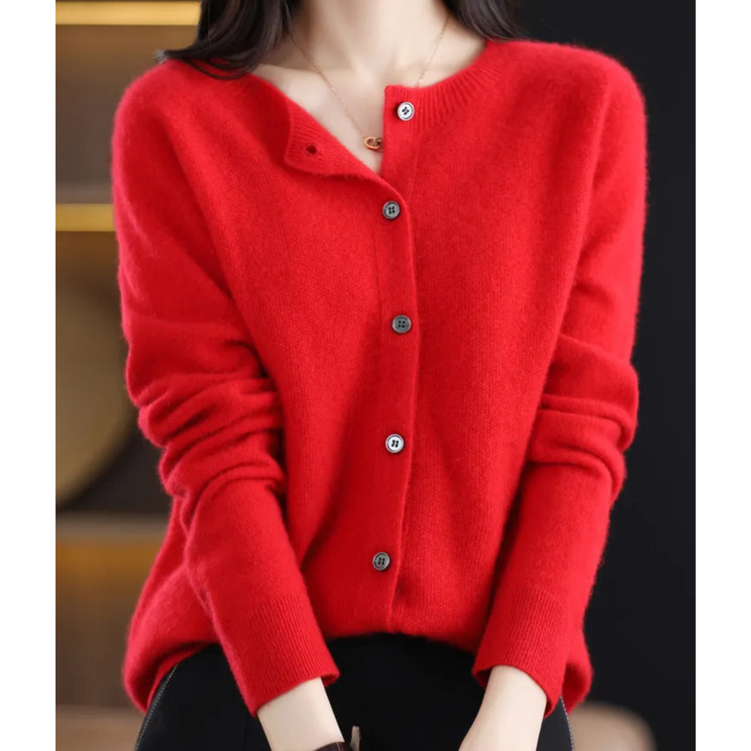 Gilet pour femme en mélange de laine mérinos et de cachemire, col rond, boutonnage sur le devant, style bureau décontracté