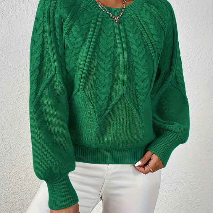 Women's Cable Knit Sweater with Relaxed Fit and Lantern Sleeves for Everyday Wear