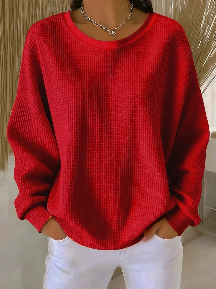 Suéter feminino de tricô waffle, modelagem oversized, silhueta confortável, casual para o dia a dia