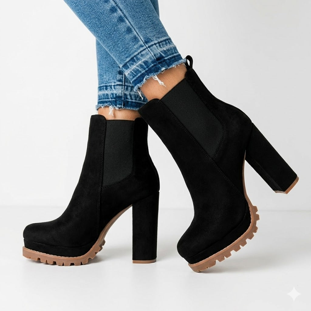 Women's Ankle Boots Suede Look Platform Sole Block Heel Slip On Casual Evening
