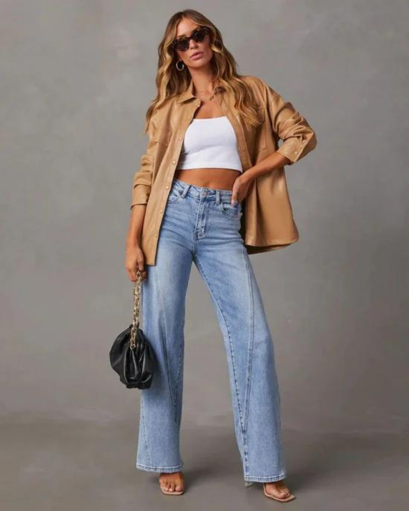 Jean large pour femme en denim, taille haute et coupe flatteuse, décontracté pour tous les jours