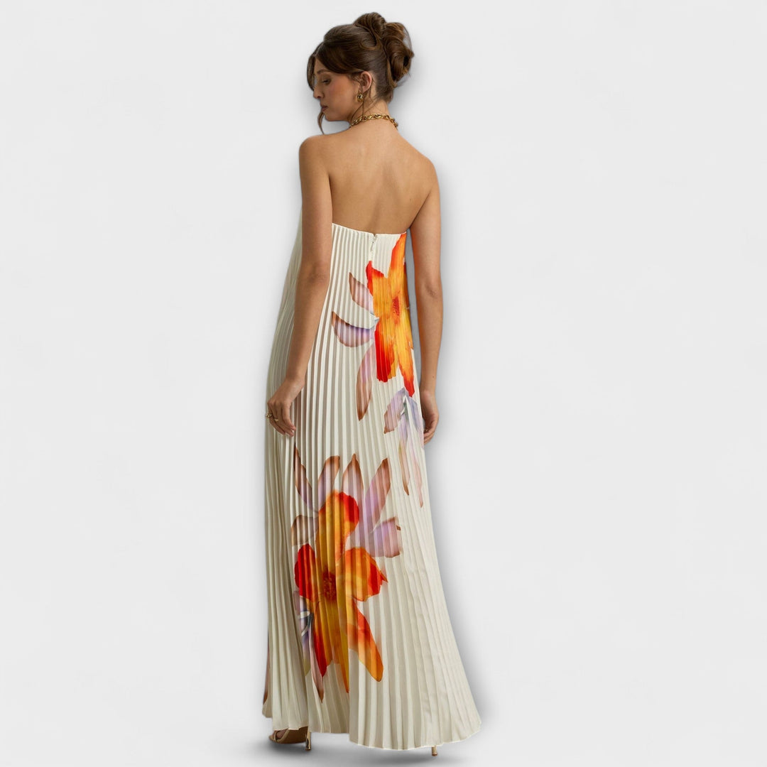 Michelle - Vestido largo con escote corazón y estampado floral naranja