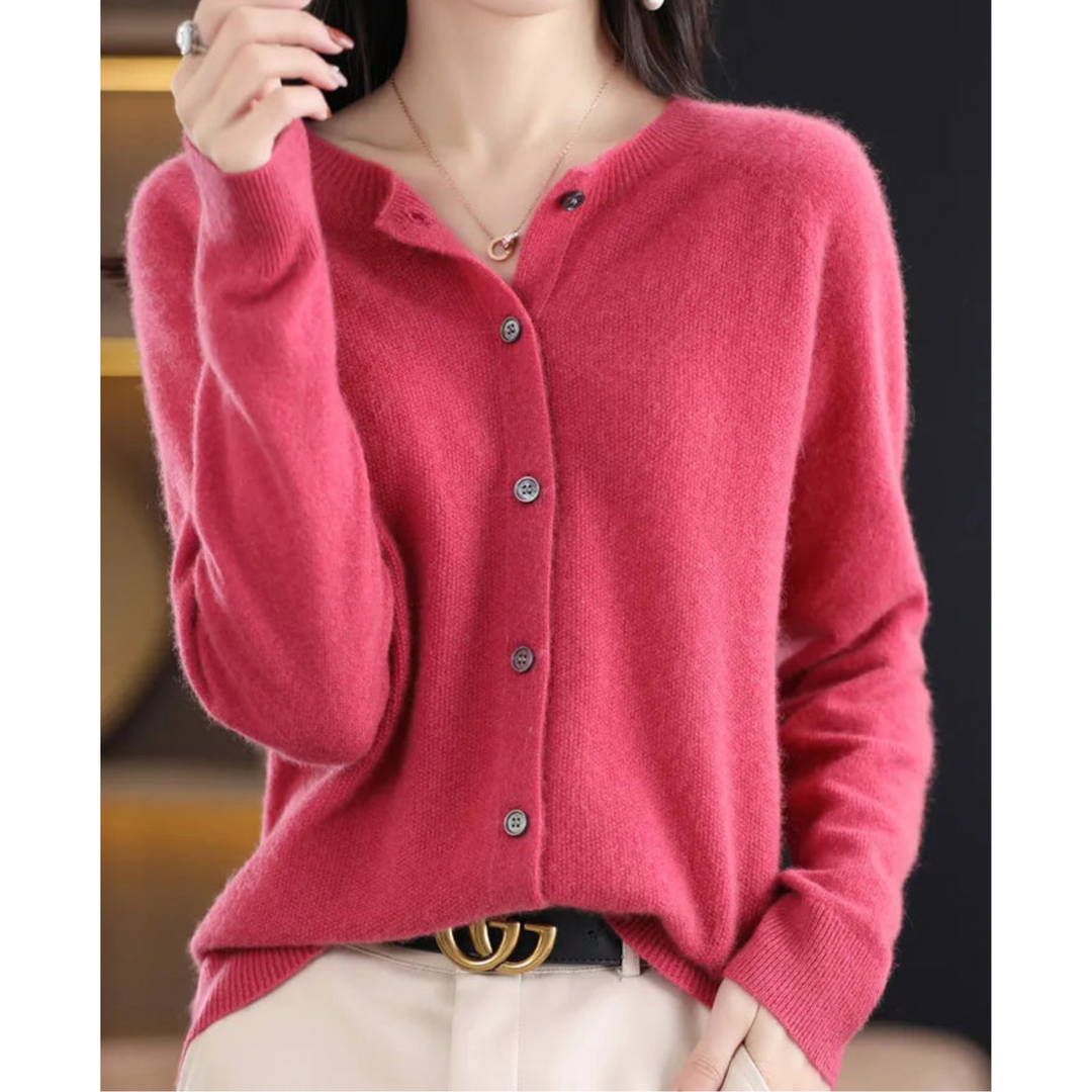 Gilet pour femme en mélange de laine mérinos et de cachemire, col rond, boutonnage sur le devant, style bureau décontracté