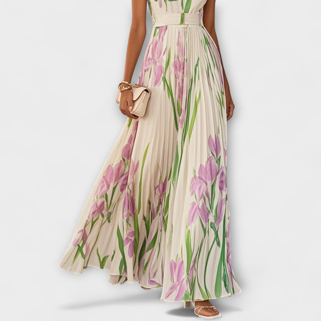 Vestido Maxi de Chiffon Floral Drapeado
