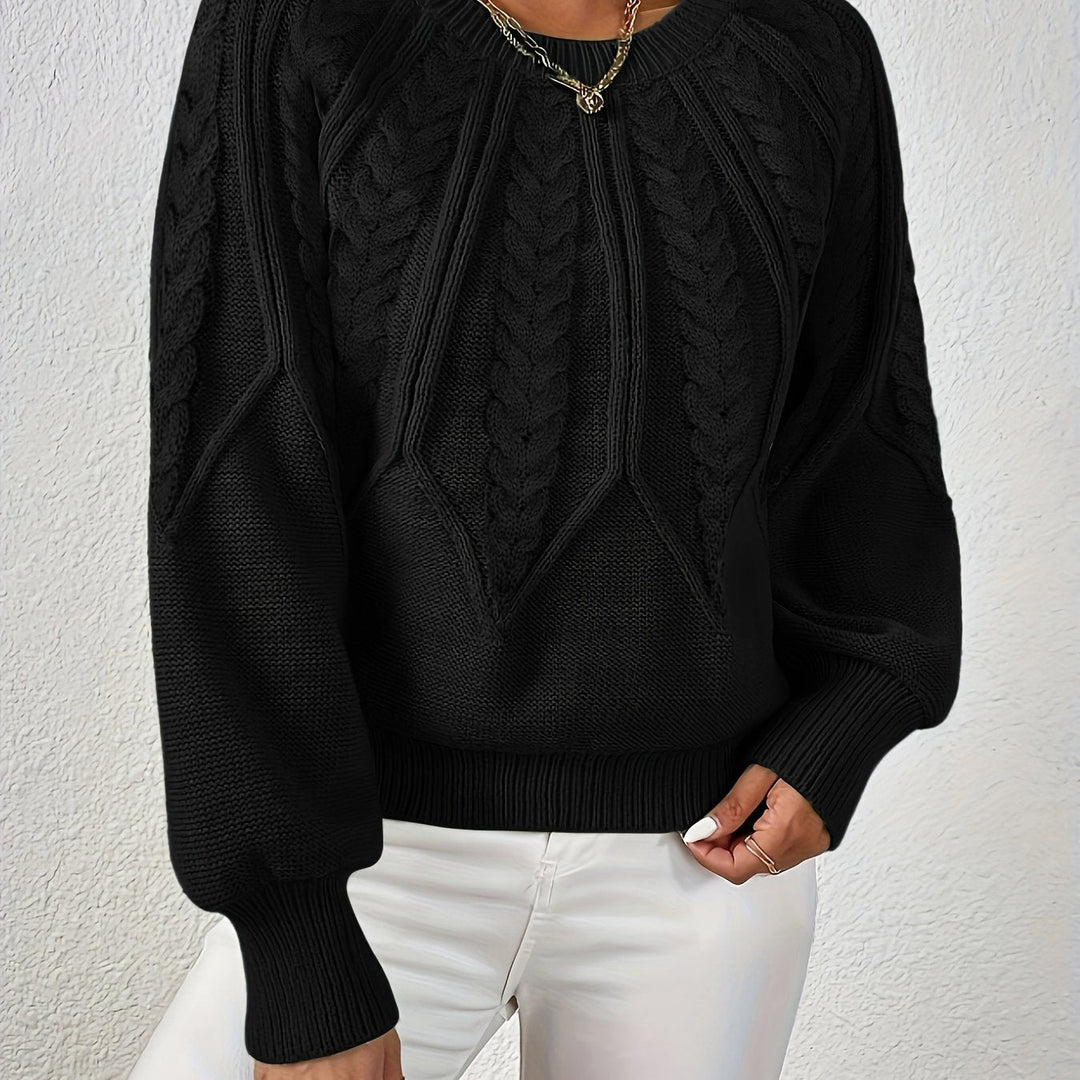 Women's Cable Knit Sweater with Relaxed Fit and Lantern Sleeves for Everyday Wear