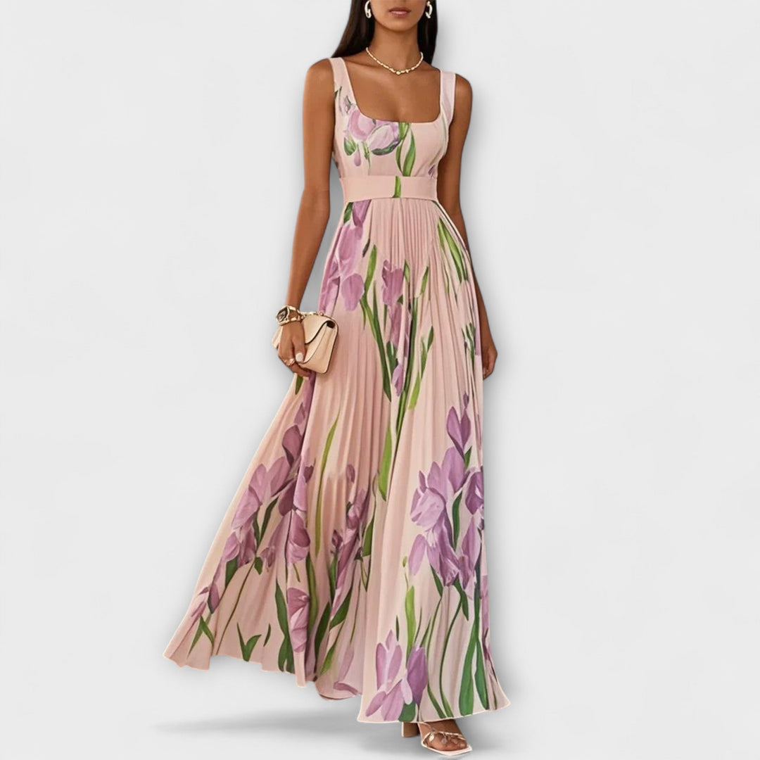 Vestido Maxi de Chiffon Floral Drapeado