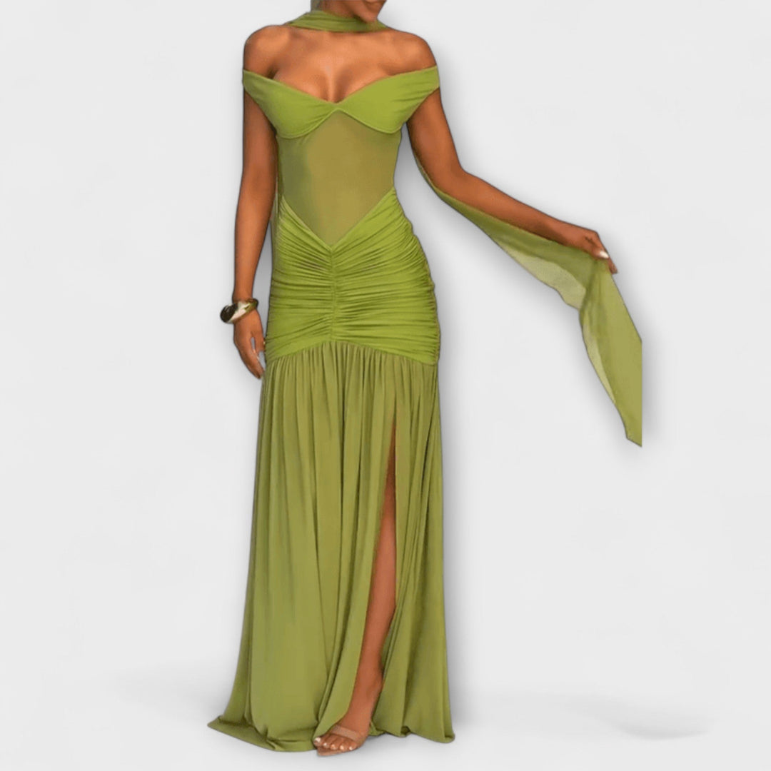 Nicole - Vestido maxi verde oliva con escote en V