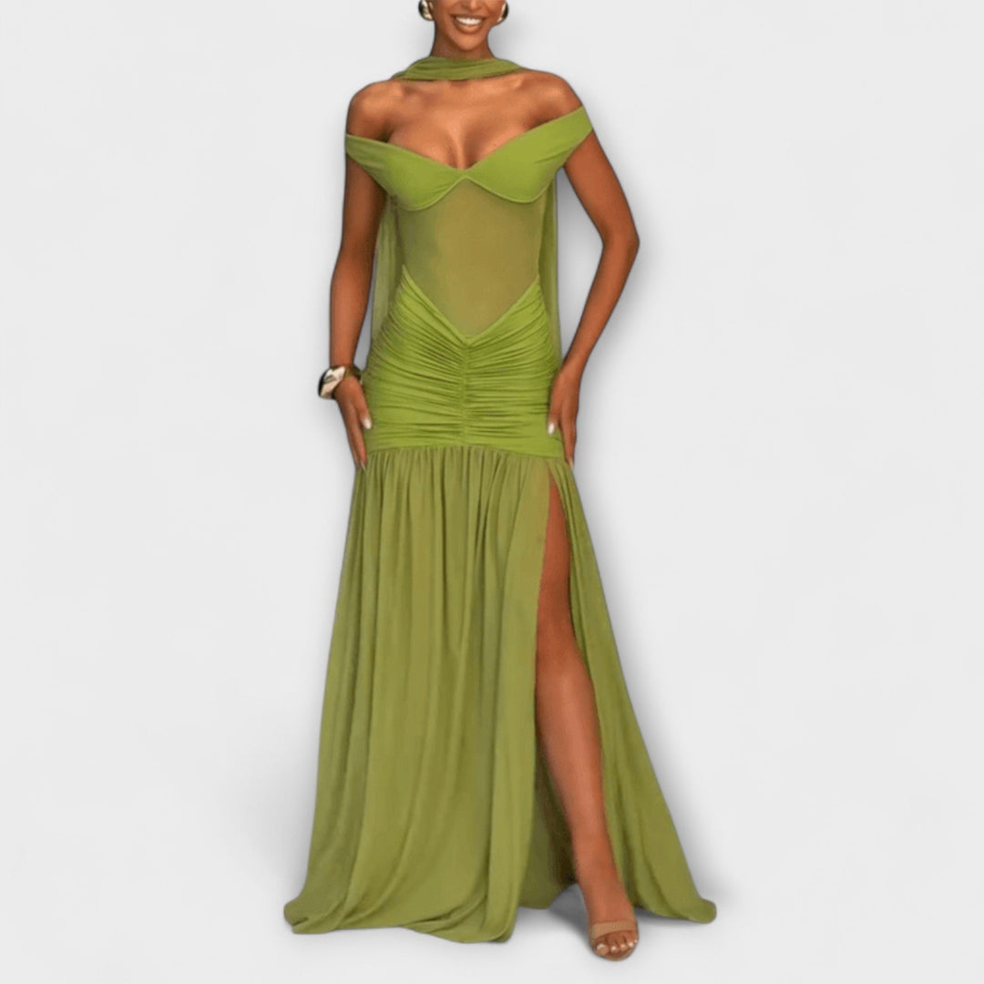 Nicole - Vestido maxi verde oliva con escote en V