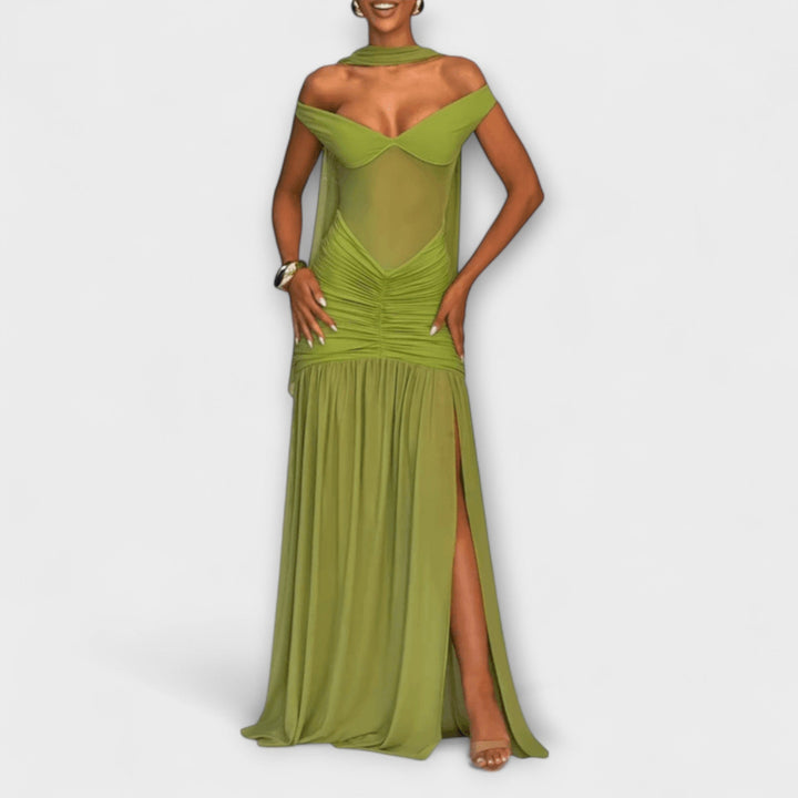 Nicole - Vestido maxi verde oliva con escote en V