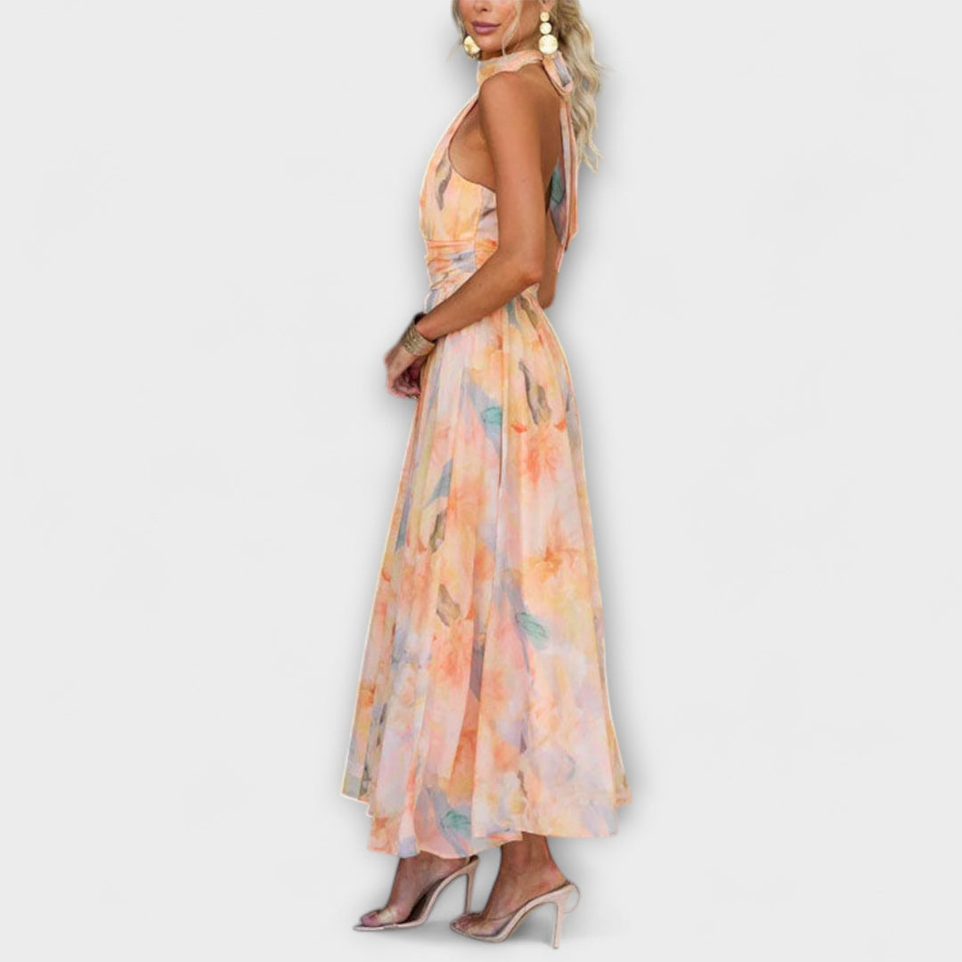 Halter-Neck Akvarelprint Maxi-kjole