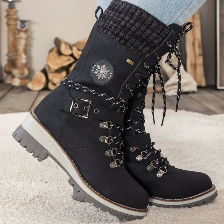 Botas de invierno para mujer con cordones – Puño de punto y hebilla – Suela antideslizante