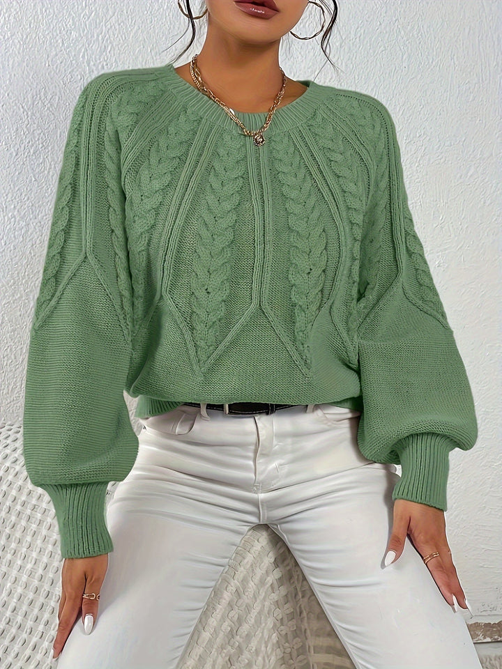 Women's Cable Knit Sweater with Relaxed Fit and Lantern Sleeves for Everyday Wear