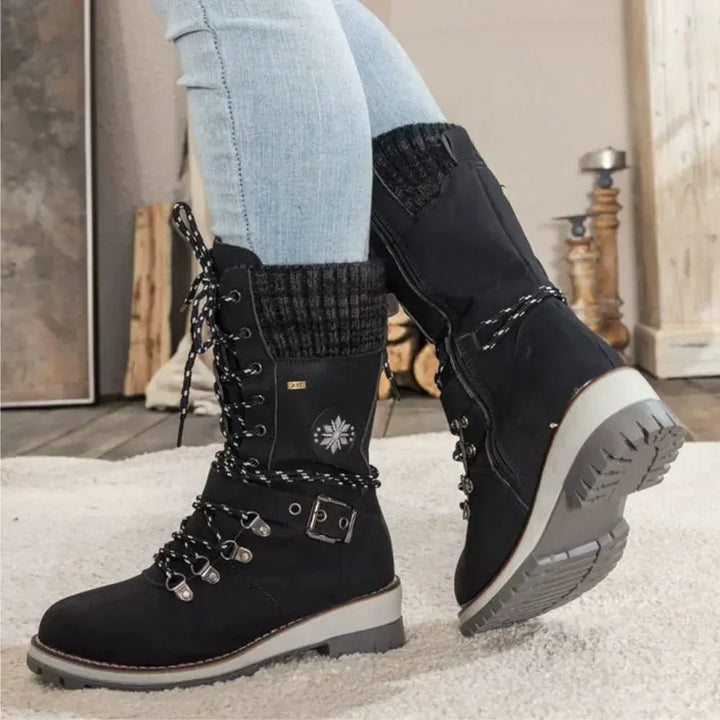 Botas de invierno para mujer con cordones – Puño de punto y hebilla – Suela antideslizante