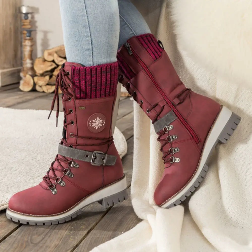 Botas de invierno para mujer con cordones – Puño de punto y hebilla – Suela antideslizante