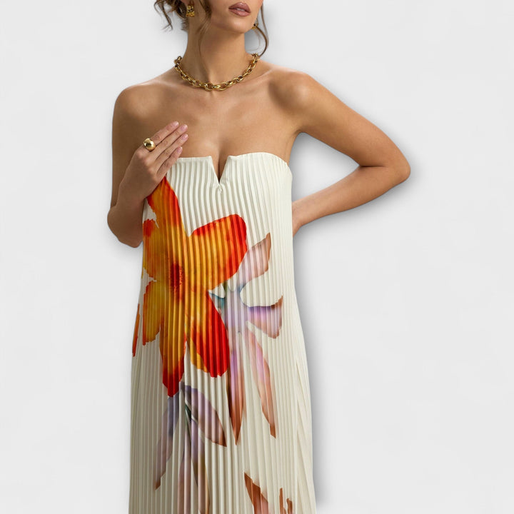 Michelle - Vestido largo con escote corazón y estampado floral naranja
