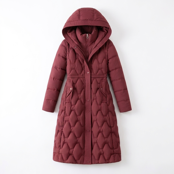 Daisy | Elegant Women’s Long Quilted Puffer Coat with Hood and Cinched Waist