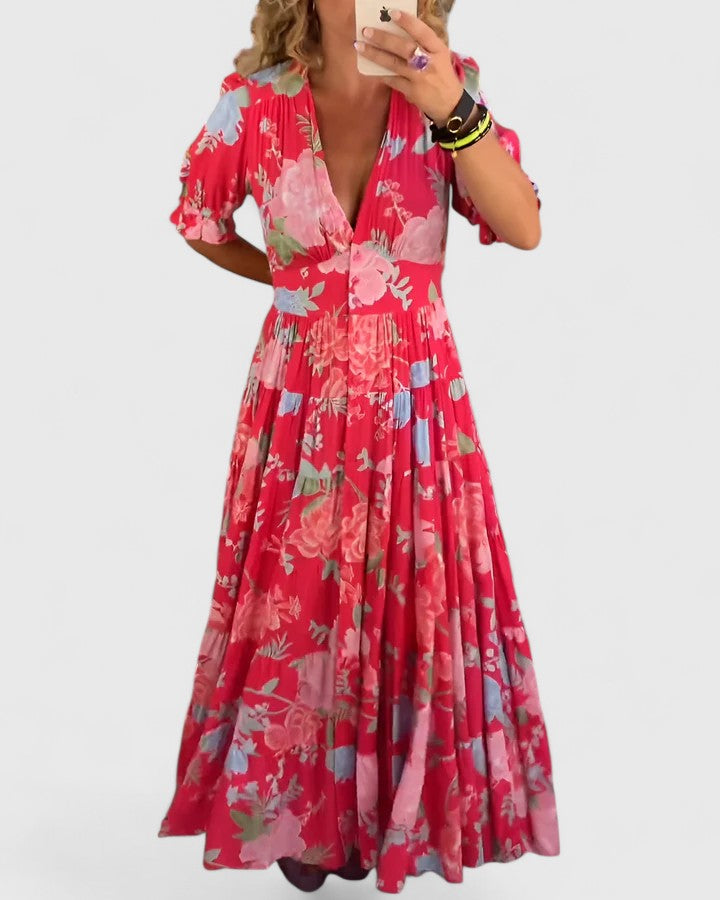 Minelda | Elegant Blomstret V-hals Kjole
