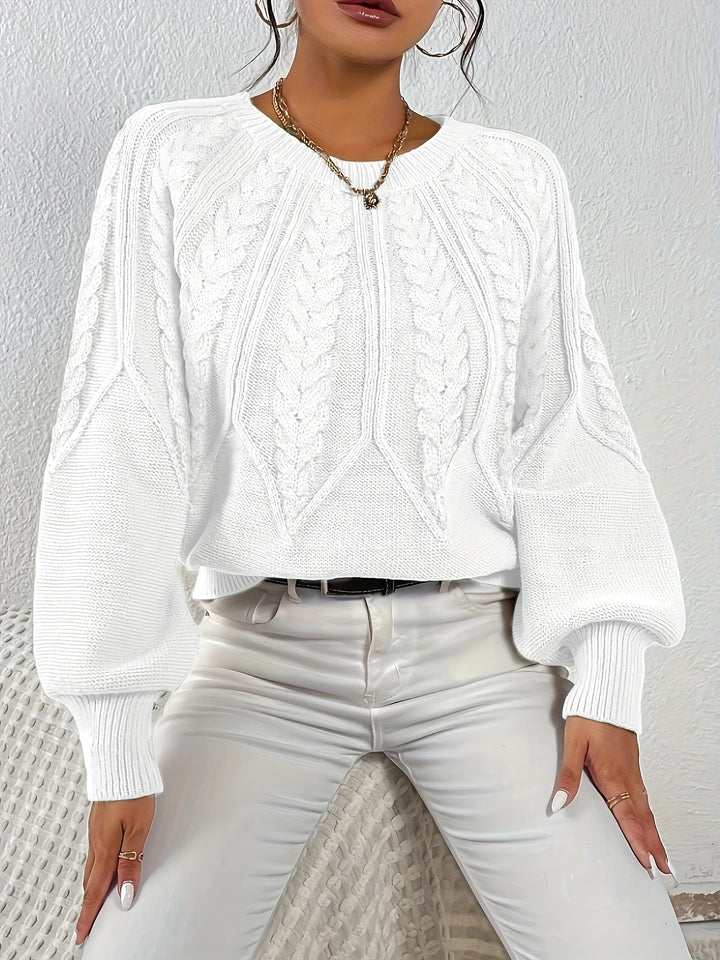 Women's Cable Knit Sweater with Relaxed Fit and Lantern Sleeves for Everyday Wear