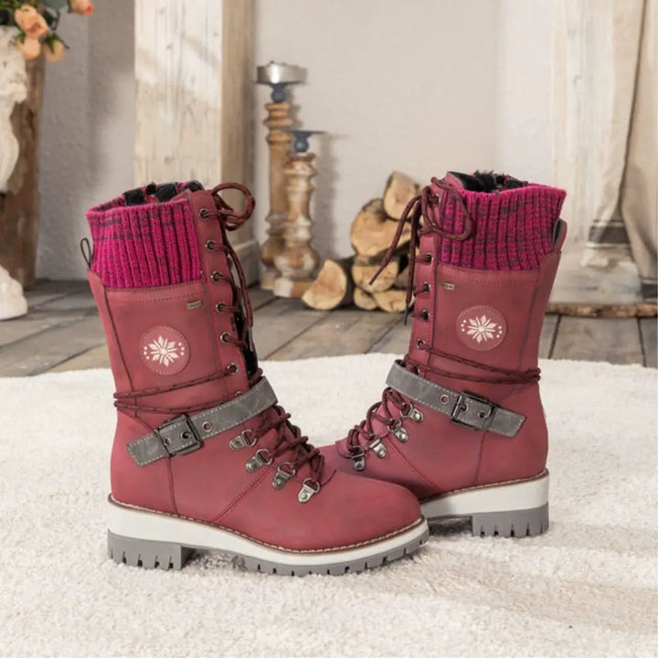 Botas de invierno para mujer con cordones – Puño de punto y hebilla – Suela antideslizante