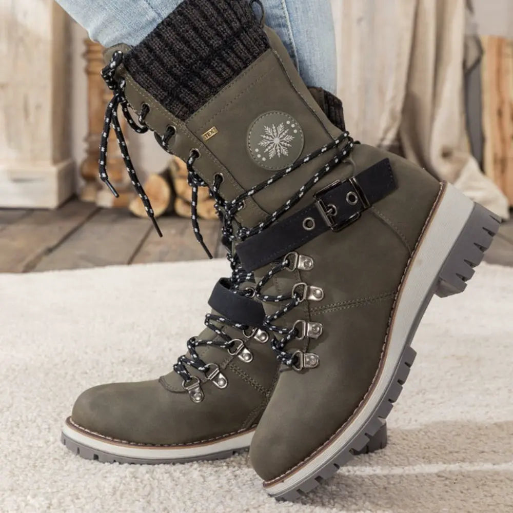 Botas de invierno para mujer con cordones – Puño de punto y hebilla – Suela antideslizante
