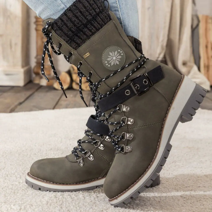 Botas de invierno para mujer con cordones – Puño de punto y hebilla – Suela antideslizante