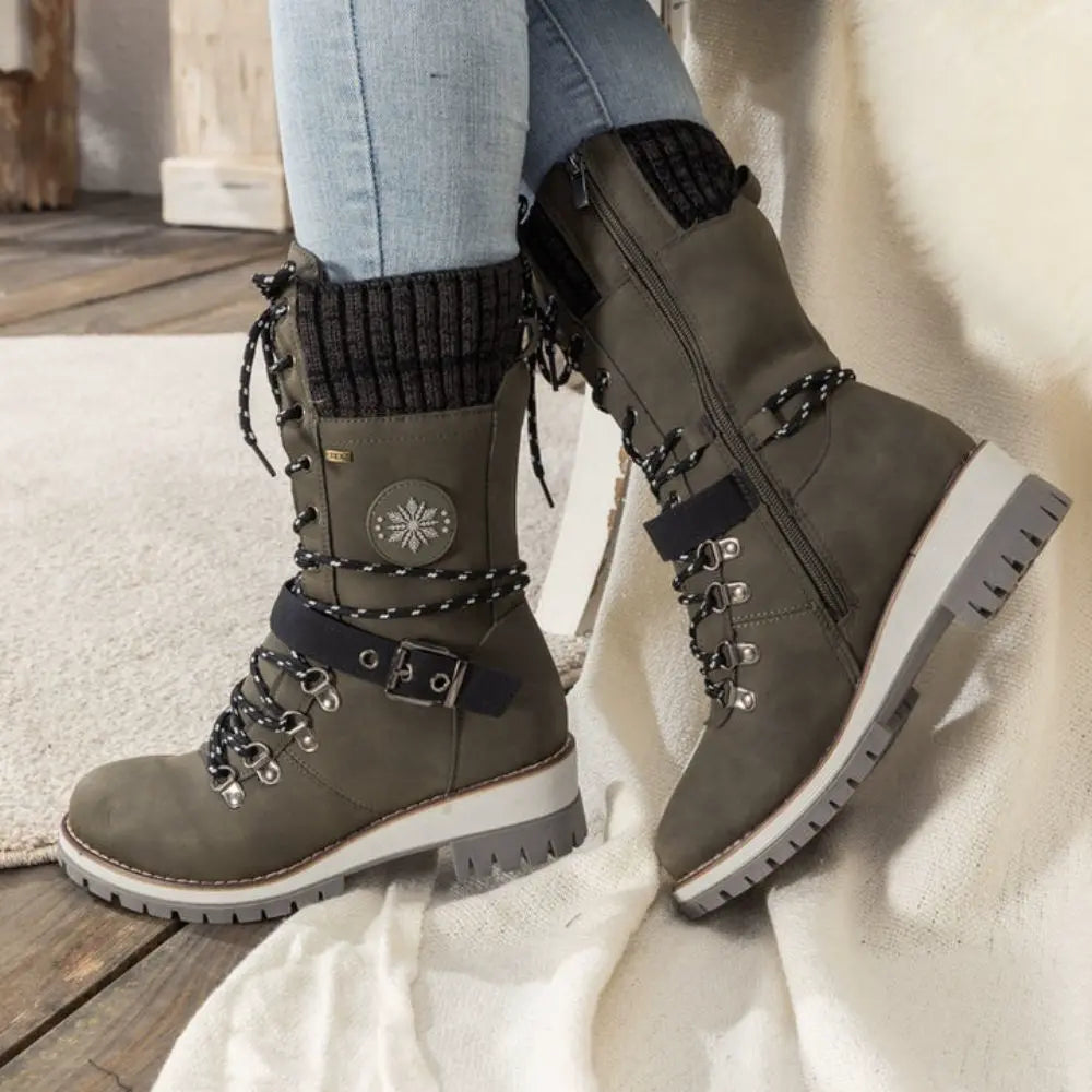 Botas de invierno para mujer con cordones – Puño de punto y hebilla – Suela antideslizante