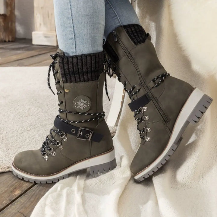 Botas de invierno para mujer con cordones – Puño de punto y hebilla – Suela antideslizante
