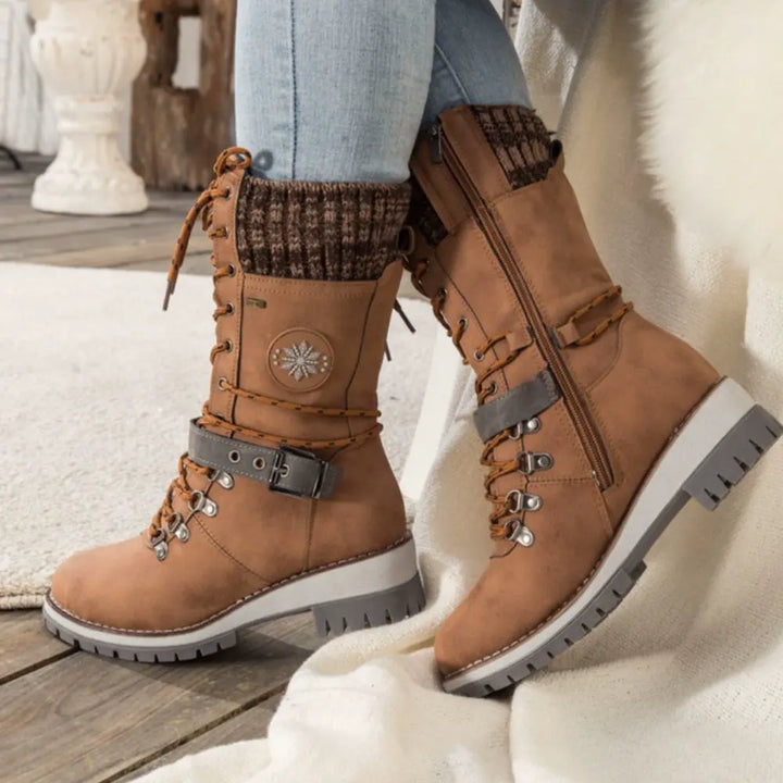 Botas de invierno para mujer con cordones – Puño de punto y hebilla – Suela antideslizante