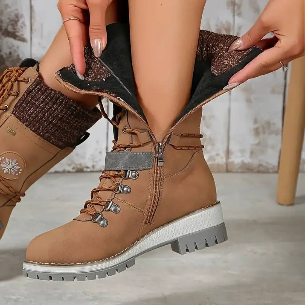 Botas de invierno para mujer con cordones – Puño de punto y hebilla – Suela antideslizante