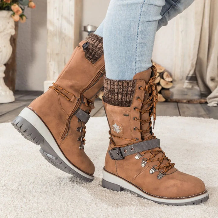 Botas de invierno para mujer con cordones – Puño de punto y hebilla – Suela antideslizante