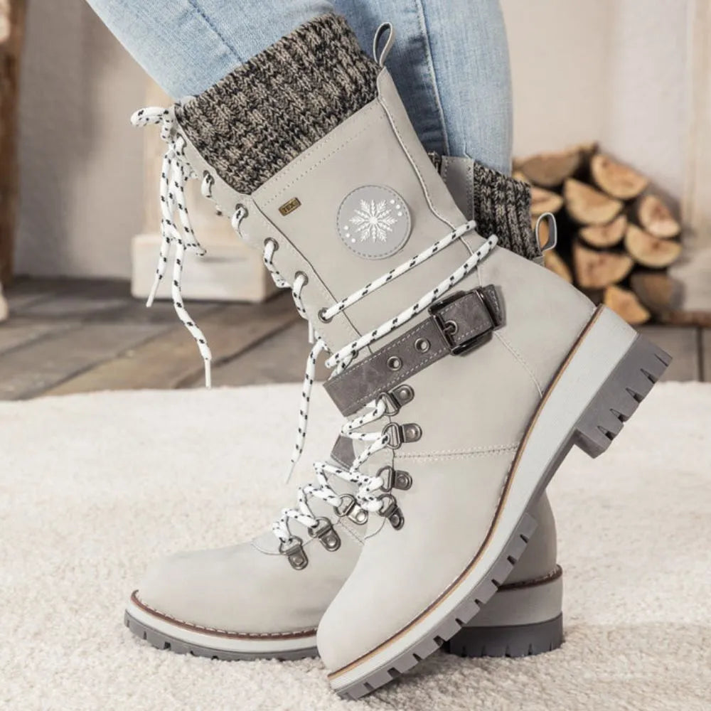 Botas de invierno para mujer con cordones – Puño de punto y hebilla – Suela antideslizante