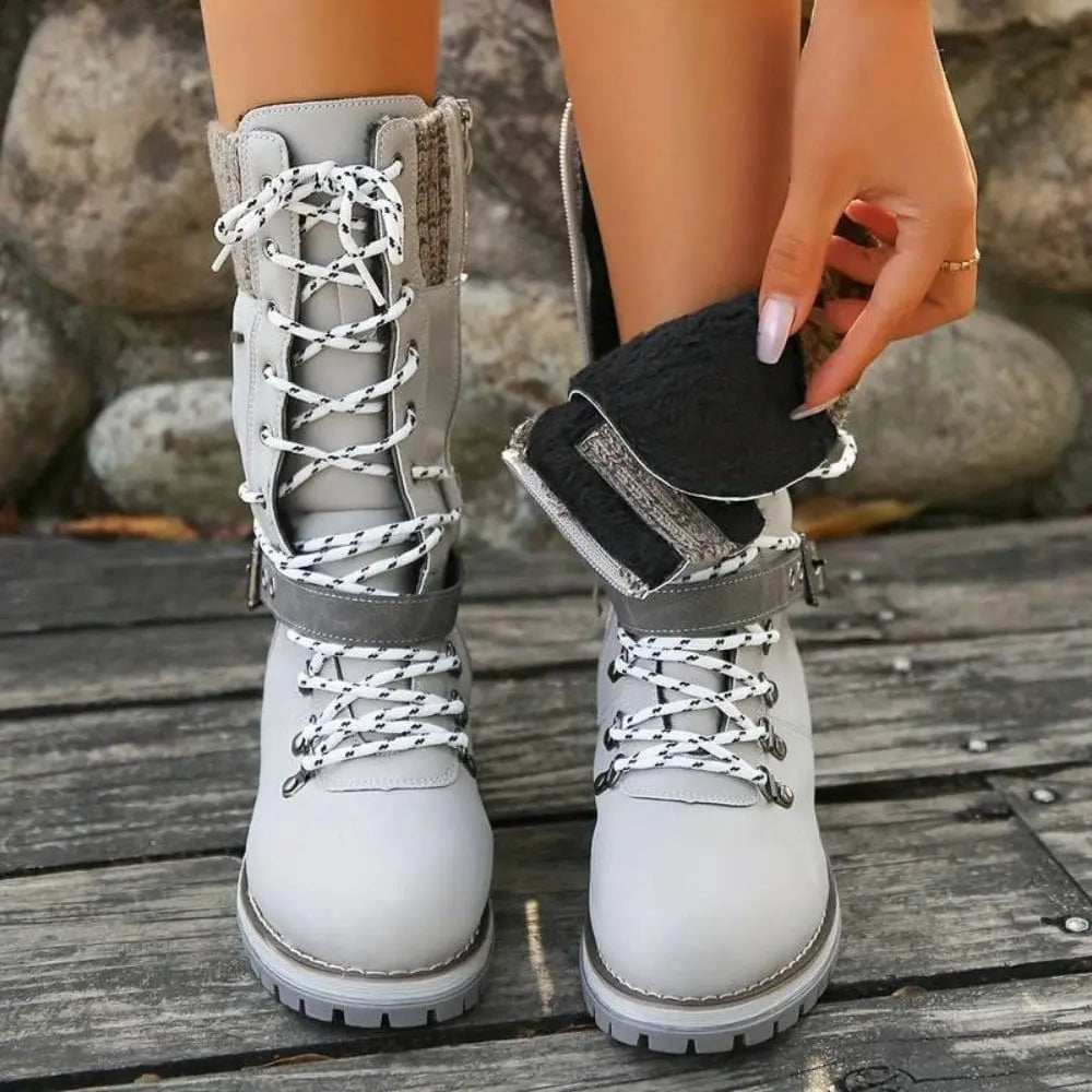 Botas de invierno para mujer con cordones – Puño de punto y hebilla – Suela antideslizante