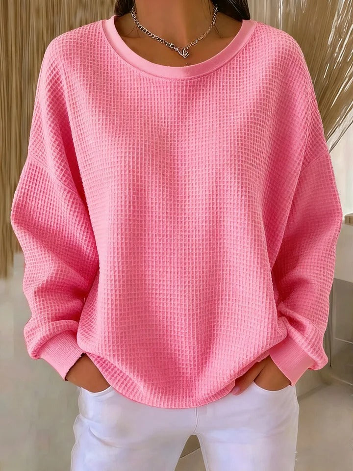 Suéter feminino de tricô waffle, modelagem oversized, silhueta confortável, casual para o dia a dia