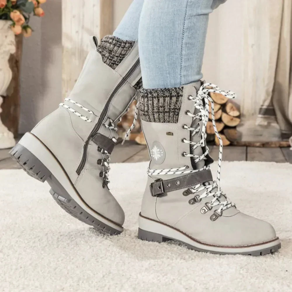 Botas de invierno para mujer con cordones – Puño de punto y hebilla – Suela antideslizante