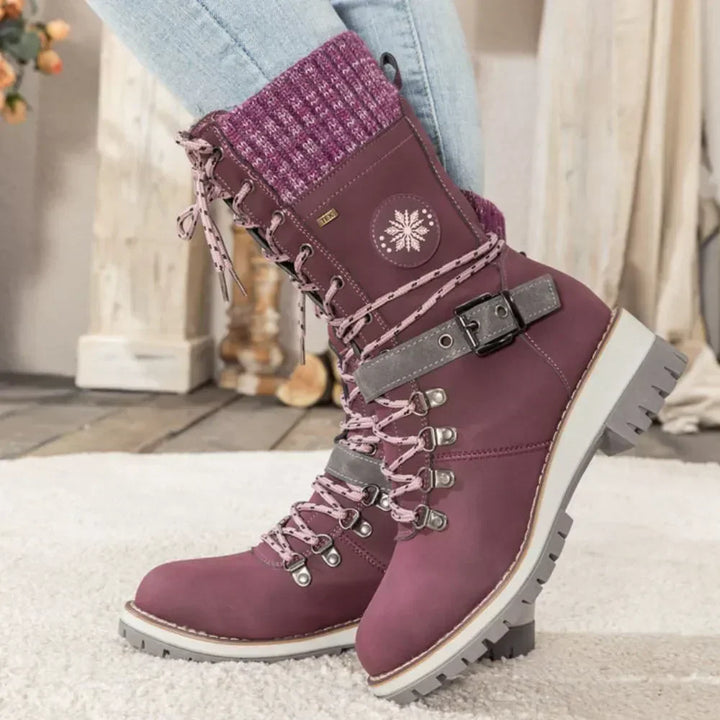Botas de invierno para mujer con cordones – Puño de punto y hebilla – Suela antideslizante