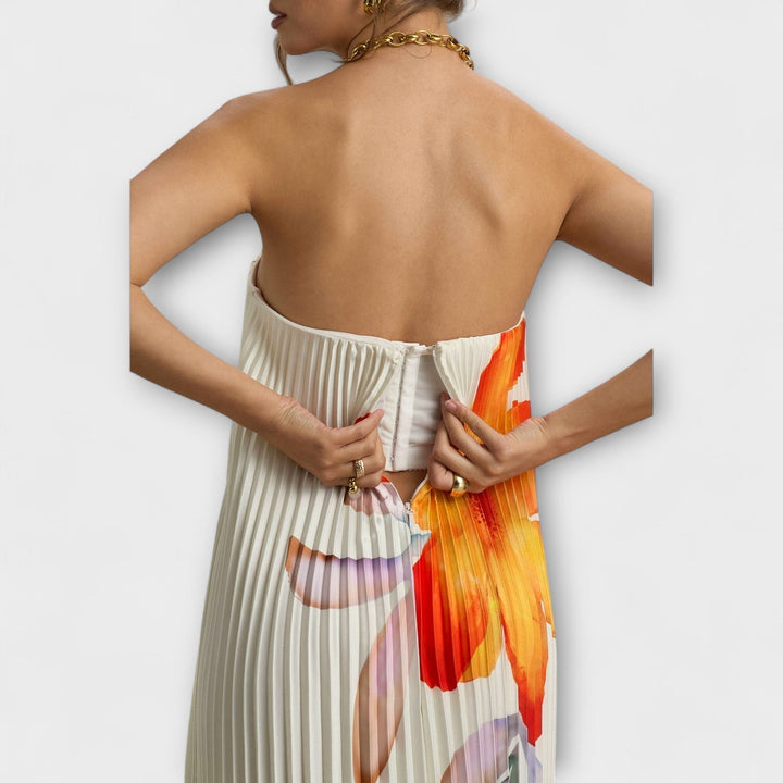 Michelle - Vestido largo con escote corazón y estampado floral naranja