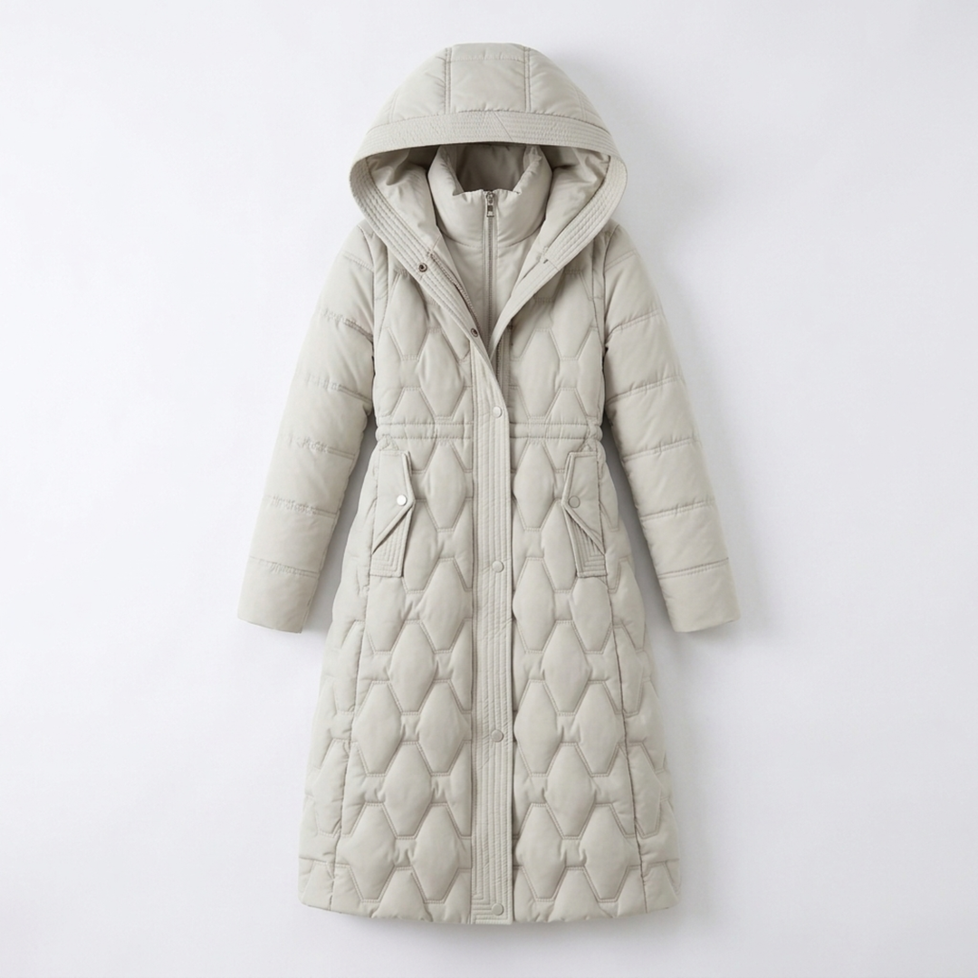 Daisy | Elegant Women’s Long Quilted Puffer Coat with Hood and Cinched Waist
