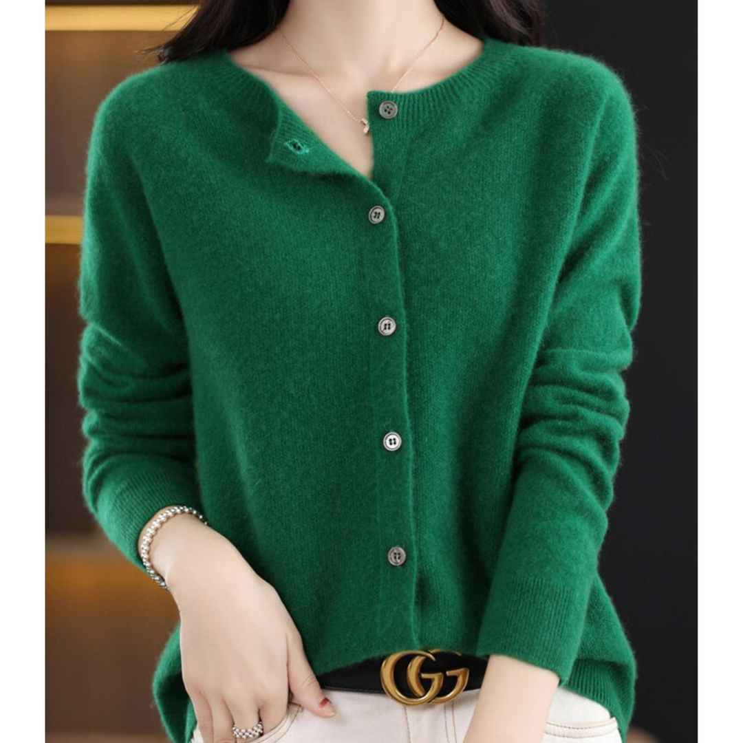 Gilet pour femme en mélange de laine mérinos et de cachemire, col rond, boutonnage sur le devant, style bureau décontracté