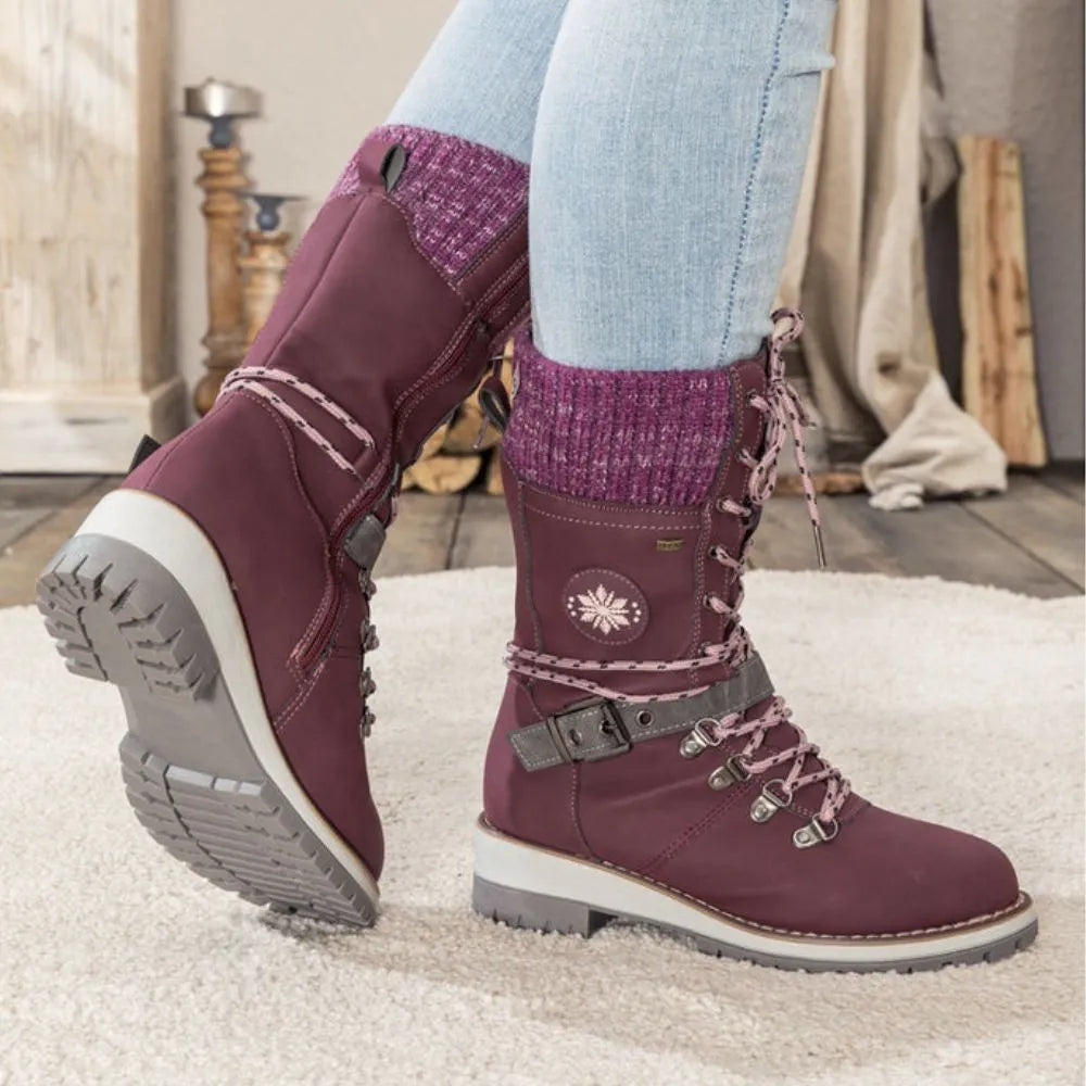 Botas de invierno para mujer con cordones – Puño de punto y hebilla – Suela antideslizante