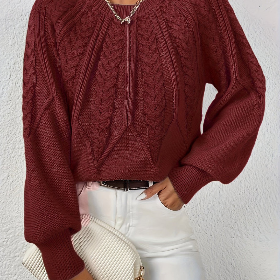 Women's Cable Knit Sweater with Relaxed Fit and Lantern Sleeves for Everyday Wear