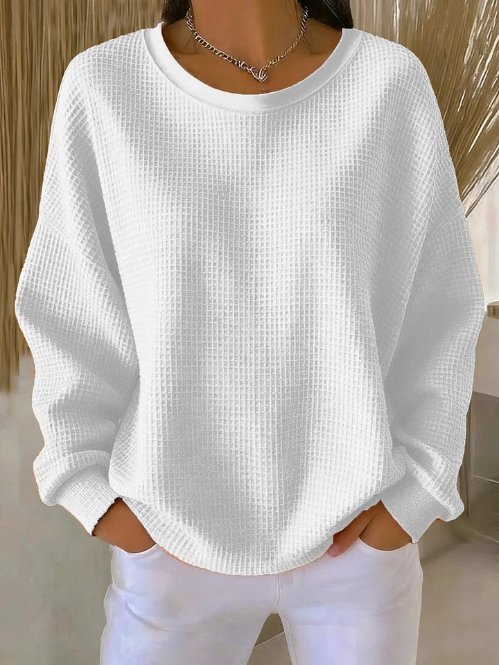 Suéter feminino de tricô waffle, modelagem oversized, silhueta confortável, casual para o dia a dia