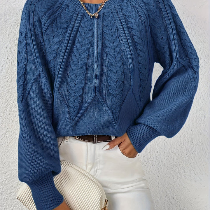 Women's Cable Knit Sweater with Relaxed Fit and Lantern Sleeves for Everyday Wear