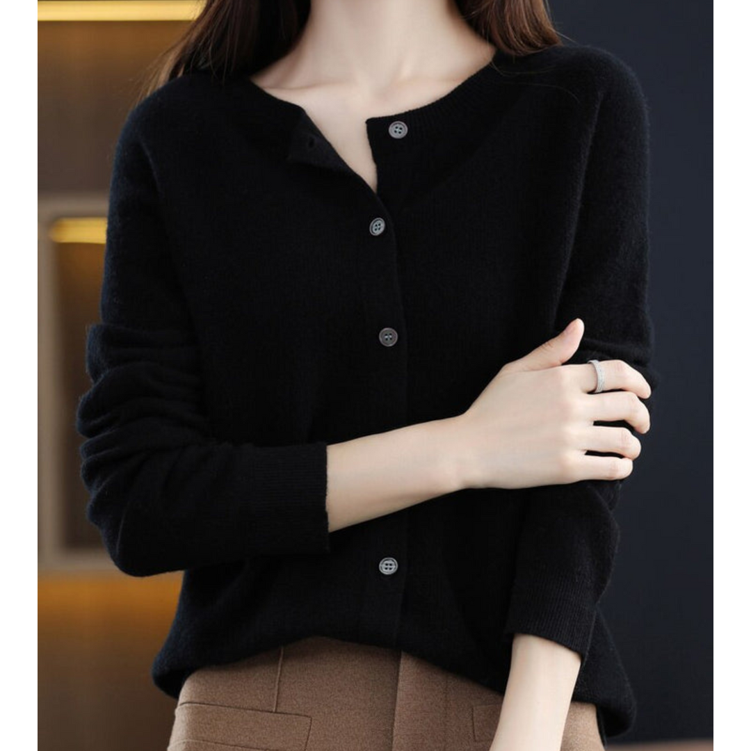 Gilet pour femme en mélange de laine mérinos et de cachemire, col rond, boutonnage sur le devant, style bureau décontracté